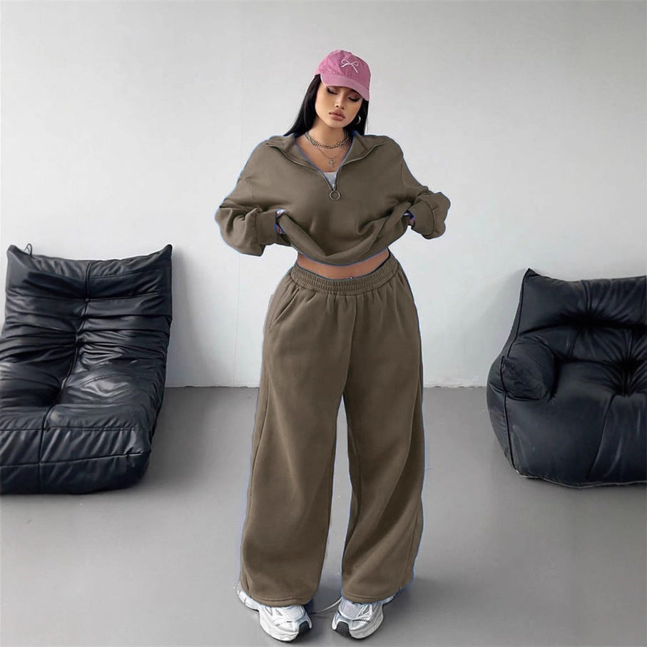 Damen Samt-Cropped-Ziphoodie und weit geschnittene High-Waist Palazzo-Jogginghose Shop Nory