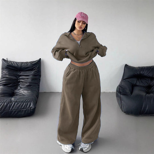 Damen Samt-Cropped-Ziphoodie und weit geschnittene High-Waist Palazzo-Jogginghose Shop Nory
