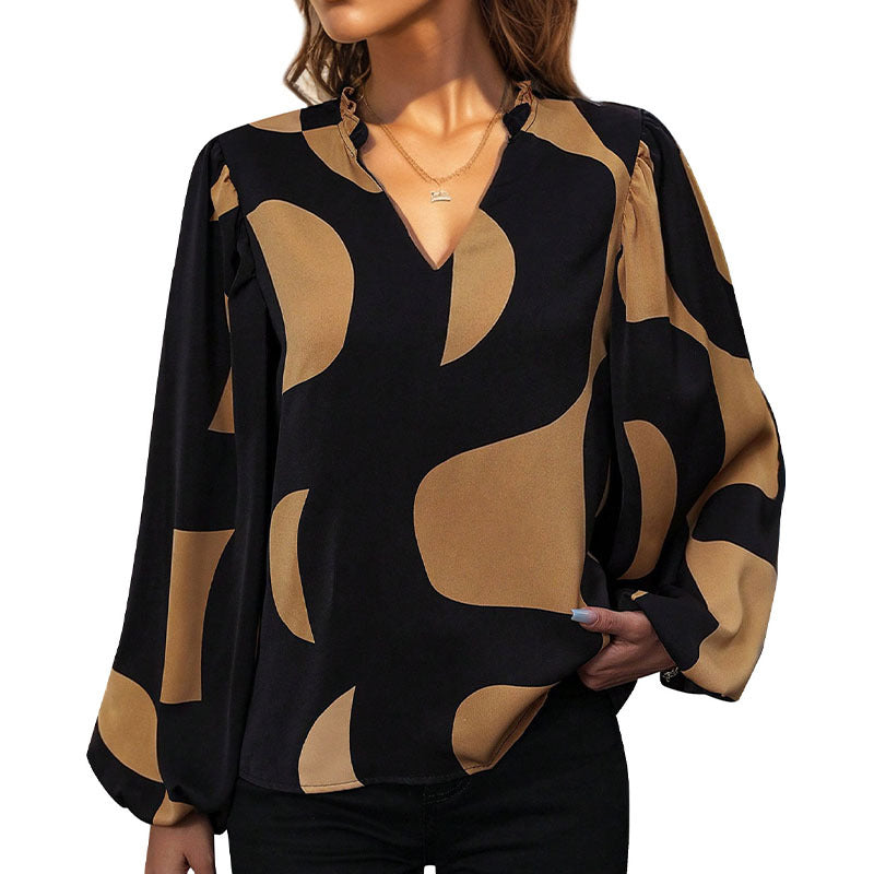 Damen Bluse mit Modischem V-Ausschnitt und Einzigartigem Muster