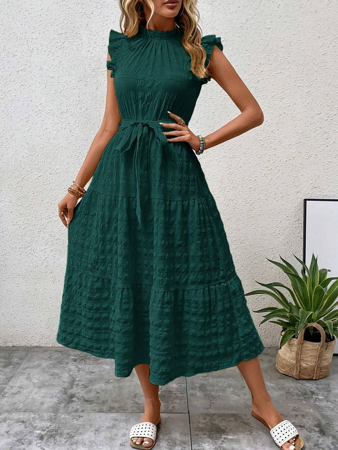 Damen Midikleid mit Stehkragen, Rüschenärmeln und Taillengürtel Shop Nory