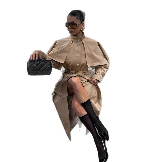 Damen Langer Trenchcoat mit Capelet, Taillengürtel und Sturmkragen Shop Nory
