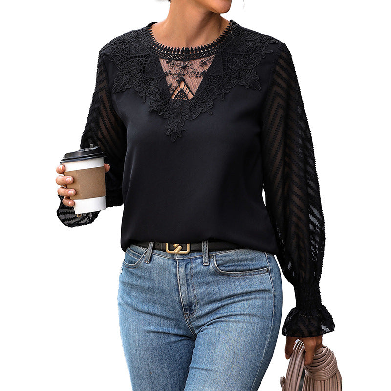 Damen Spitzenbluse mit transparenten Raglanärmeln, V‑Ausschnitt und zarter Spitze Shop Nory