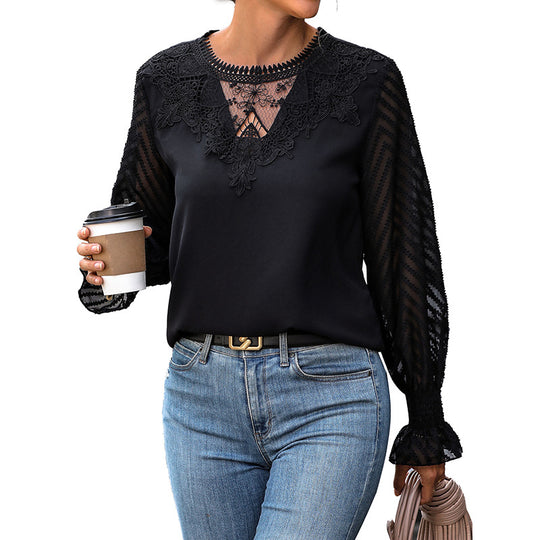 Damen Spitzenbluse mit transparenten Raglanärmeln, V‑Ausschnitt und zarter Spitze Shop Nory