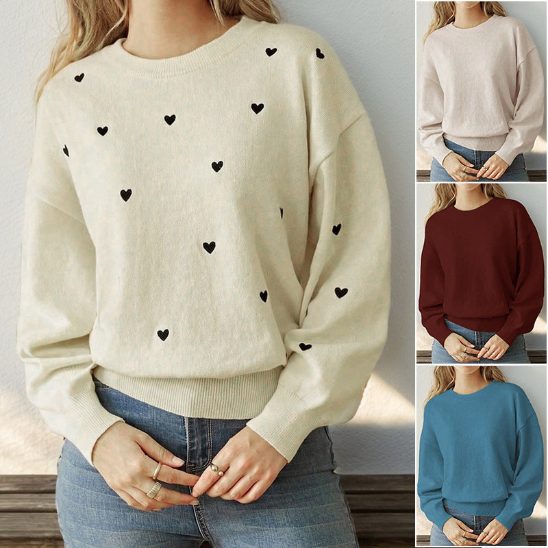 Damen Lockerer Feinstrickpullover mit Herzchen-Allover, Rundhalsausschnitt und elastischem Saum Shop Nory