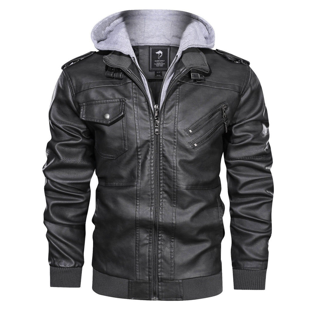 Herren Kunstlederjacke mit abnehmbarer Kapuze und Multifunktions-Taschen Shopnory