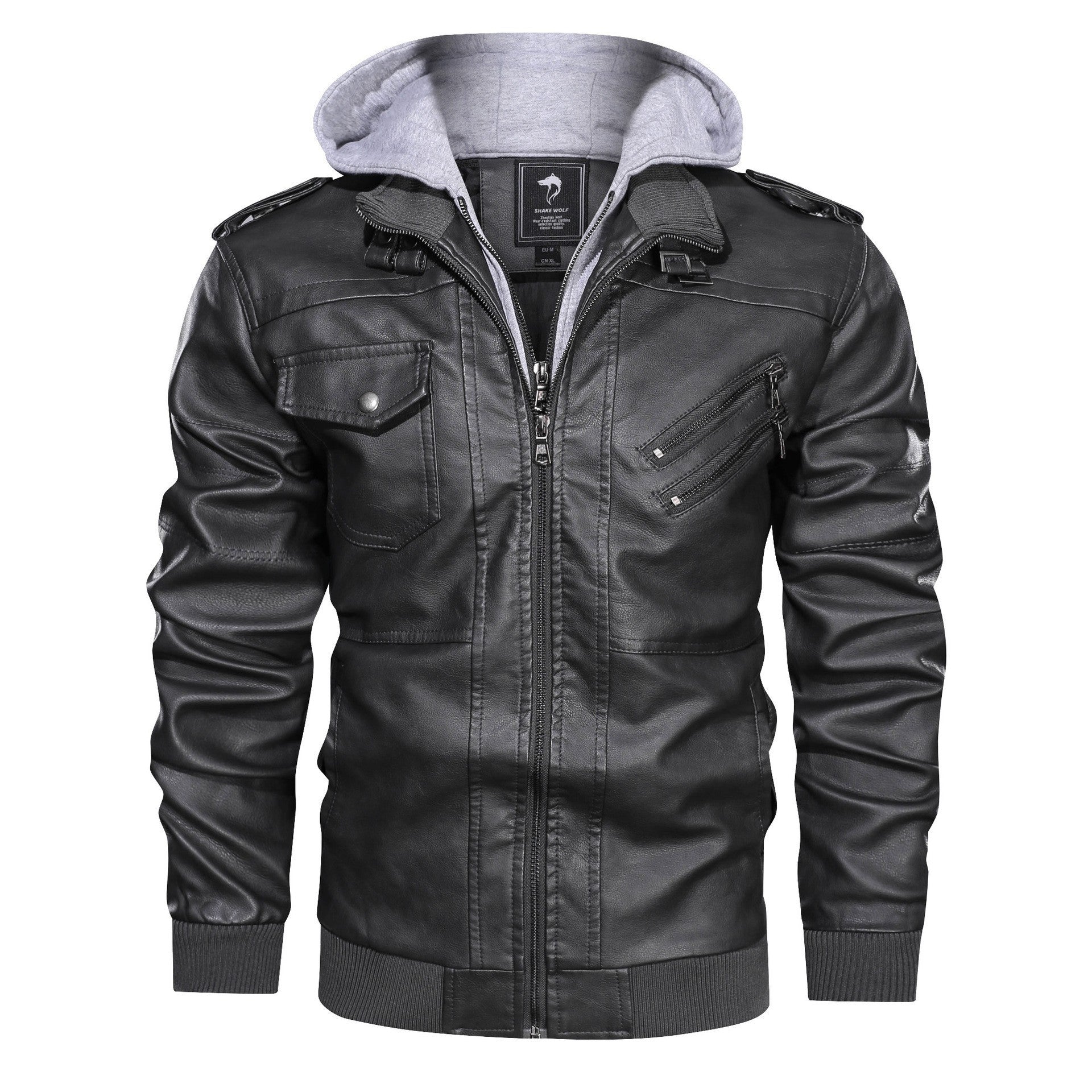 Herren Kunstlederjacke mit abnehmbarer Kapuze und Multifunktions-Taschen Shopnory