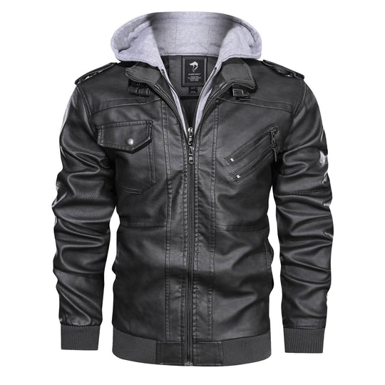 Herren Kunstlederjacke mit abnehmbarer Kapuze und Multifunktions-Taschen Shopnory
