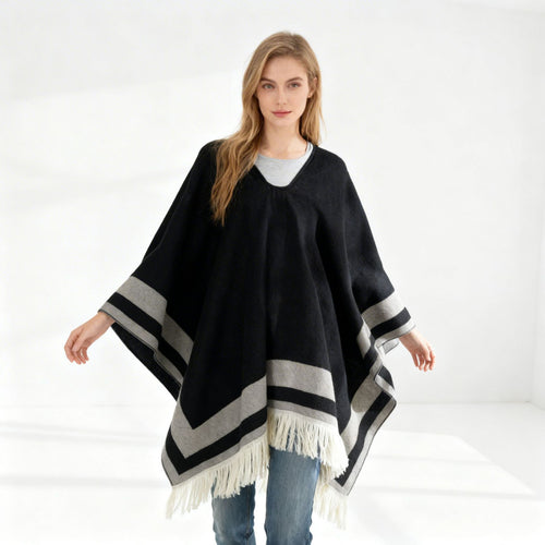 Damen Oversize Poncho-Cape mit V-Ausschnitt und Fransensaum Shop Nory