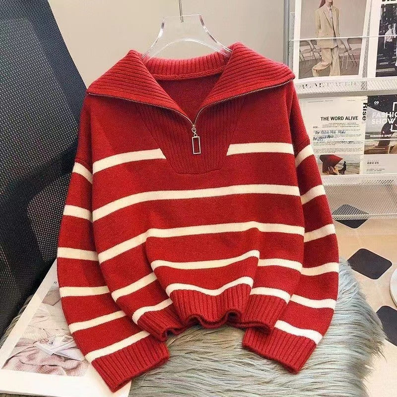 Damen Gestreifter Halb-Reißverschluss Strickpullover mit Rippenkragen Shop Nory