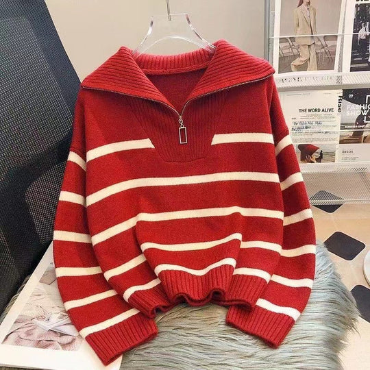 Damen Gestreifter Halb-Reißverschluss Strickpullover mit Rippenkragen Shop Nory