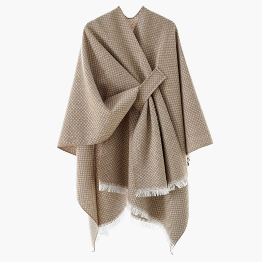 Damen Kastenförmiger Wickelponcho aus Wollmix mit Hahnentritt und Fransensaum Shop Nory