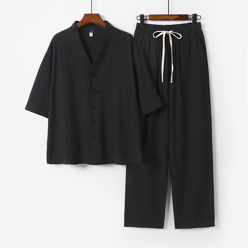Herren Kimono-Zweiteiler aus Leinenmischung mit V-Ausschnitt, aufgesetzten Taschen und Kordelbundhose Shop Nory