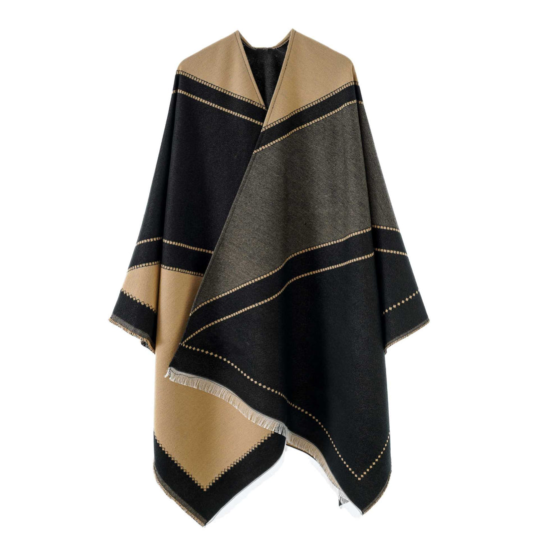 Damen Wendbarer Strickcape-Poncho mit Fransen und kontrastierenden Streifen Shop Nory
