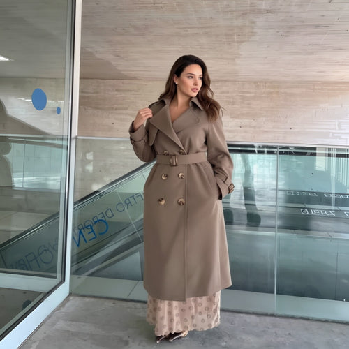 Damen Langer Doppelreihiger Trenchcoat mit Taillengürtel und Epauletten Shop Nory