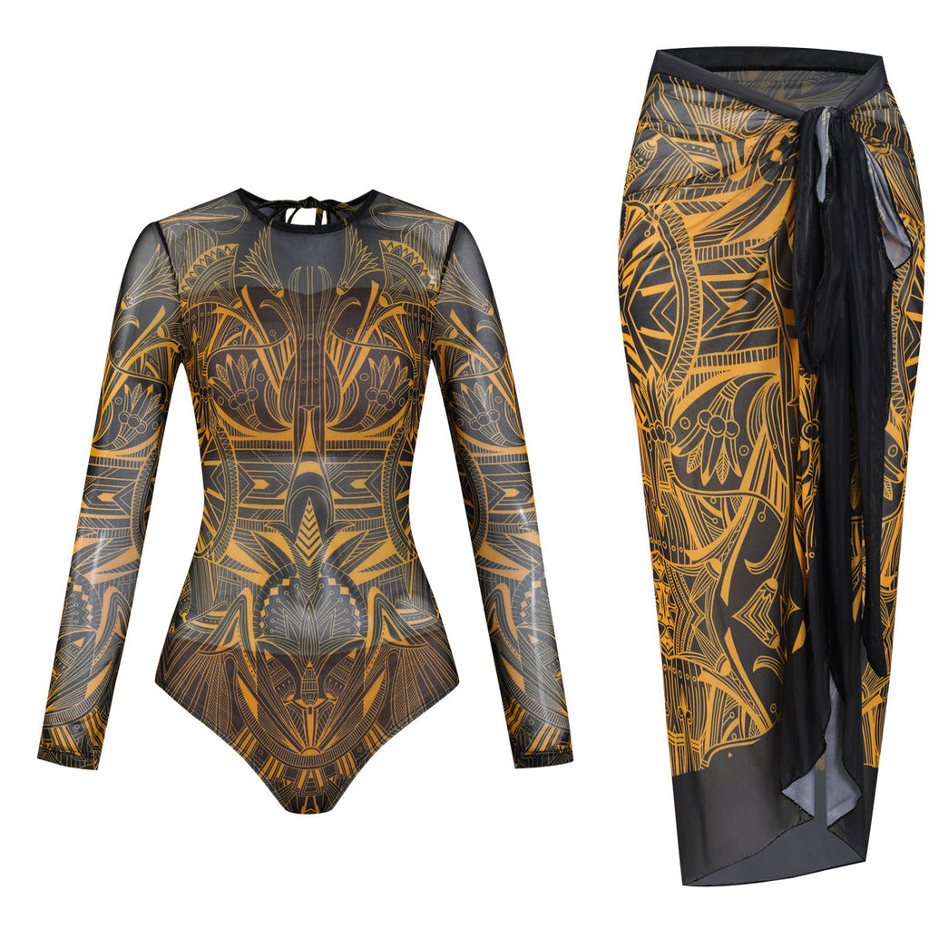 Damen Langarm-Badeanzug mit modernem Grafikdesign