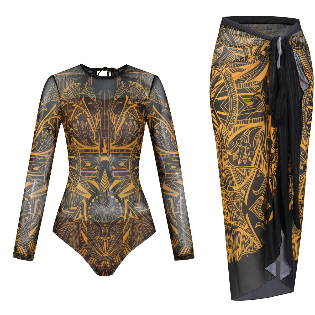 Damen Langarm-Badeanzug mit modernem Grafikdesign