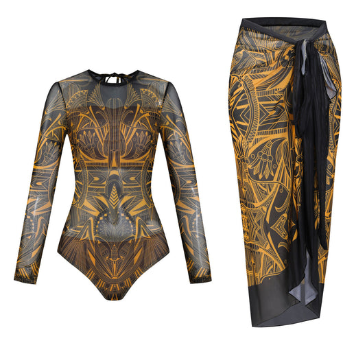 Damen Langarm-Badeanzug mit modernem Grafikdesign