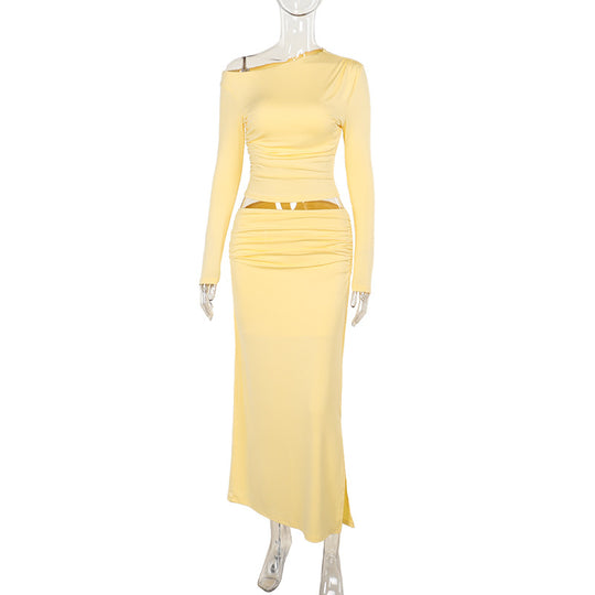 Damen Asymmetrisches Crop‑Top und taillenbetonter Maxirock‑Set aus Stretchjersey Shop Nory