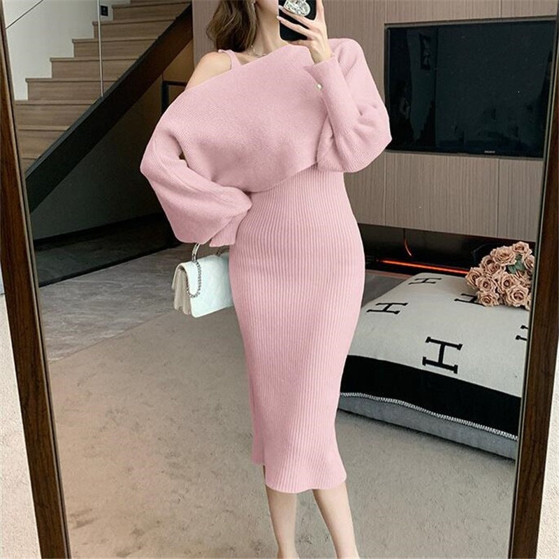 Damen Elegantes Strickkleid mit V-Ausschnitt und passendem Cardigan Shop Nory