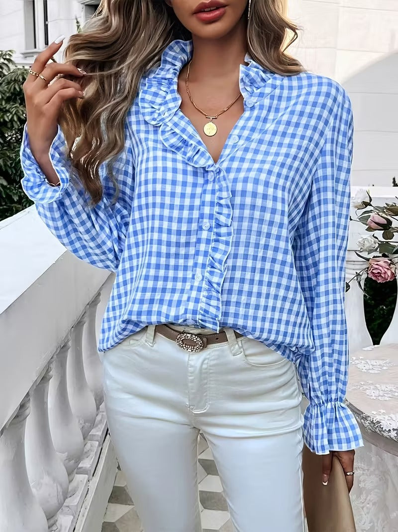 Damen nan karierte Rüschenbluse mit Stehkragen, verdeckter Knopfleiste und Glockenärmeln Shop Nory