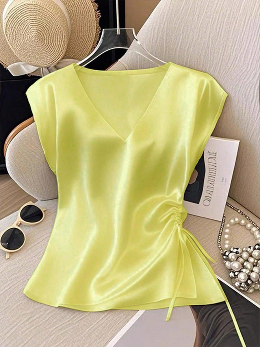 Damen Satinbluse mit seitlichem Kordelzug und V-Ausschnitt