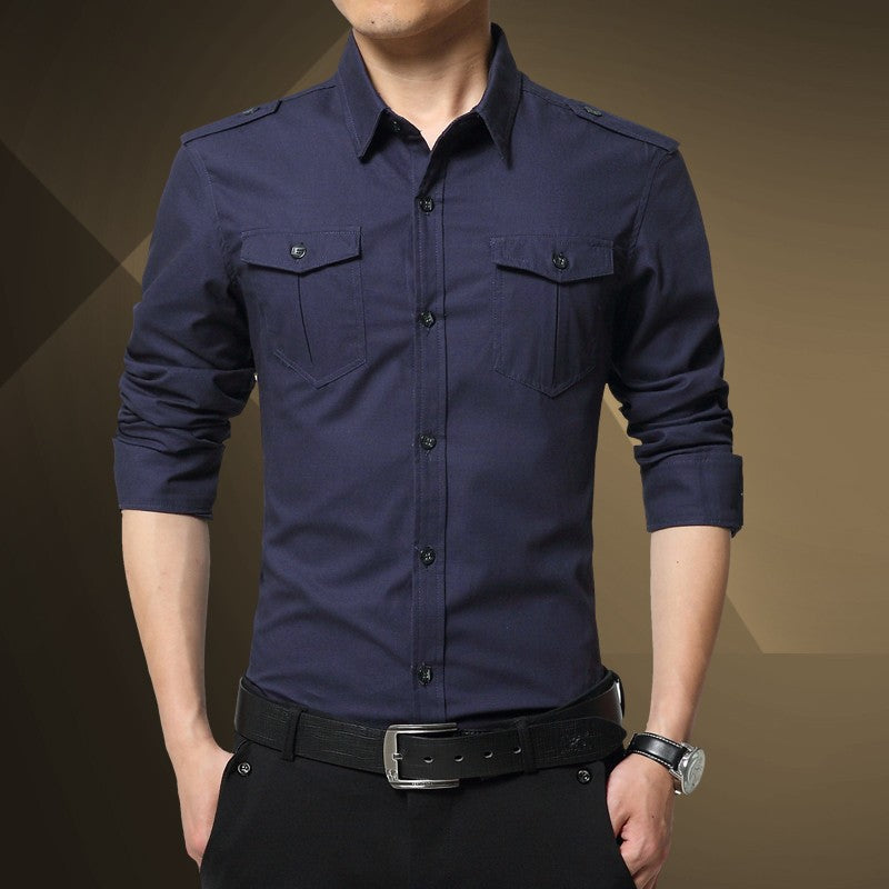 Herren Slim-Fit Baumwoll-Mix Utility-Hemd mit Schulterklappen und Brustpattentaschen Shop Nory