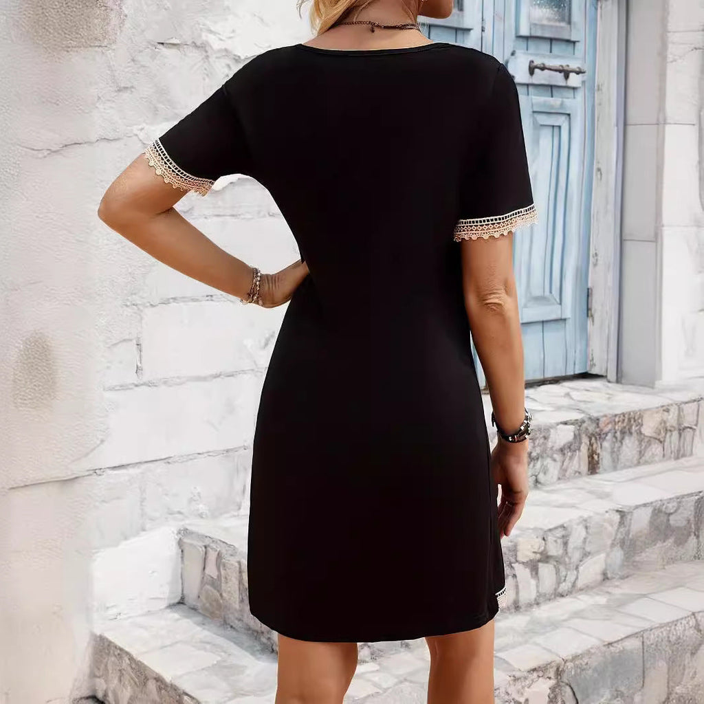 Damen nan knielanges A-Linien-Kleid mit tiefem Spitzen-V-Ausschnitt und zartem Häkelbesatz