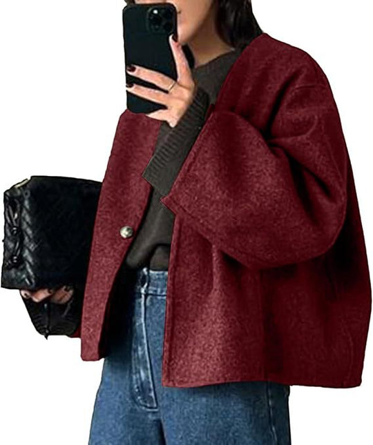 Damen Kurz geschnittene Oversize Wolljacke mit kastigem Schnitt und Ein-Knopf-Verschluss Shop Nory