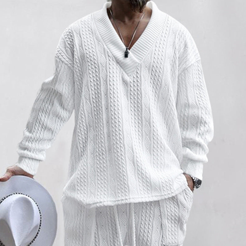 Herren lässiger Strickpullover mit V-Ausschnitt und Kabelmuster