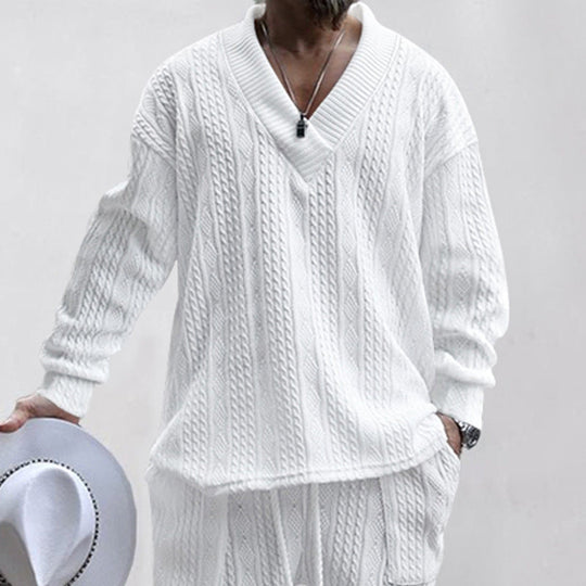 Herren lässiger Strickpullover mit V-Ausschnitt und Kabelmuster