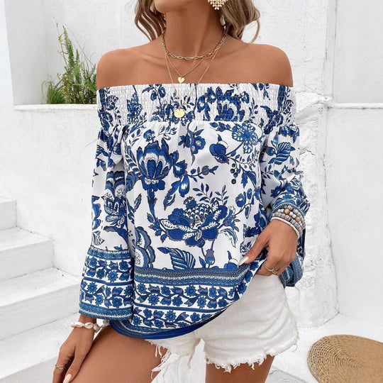 Damen Off-Shoulder Bluse mit floralem Muster und Rüschendetails