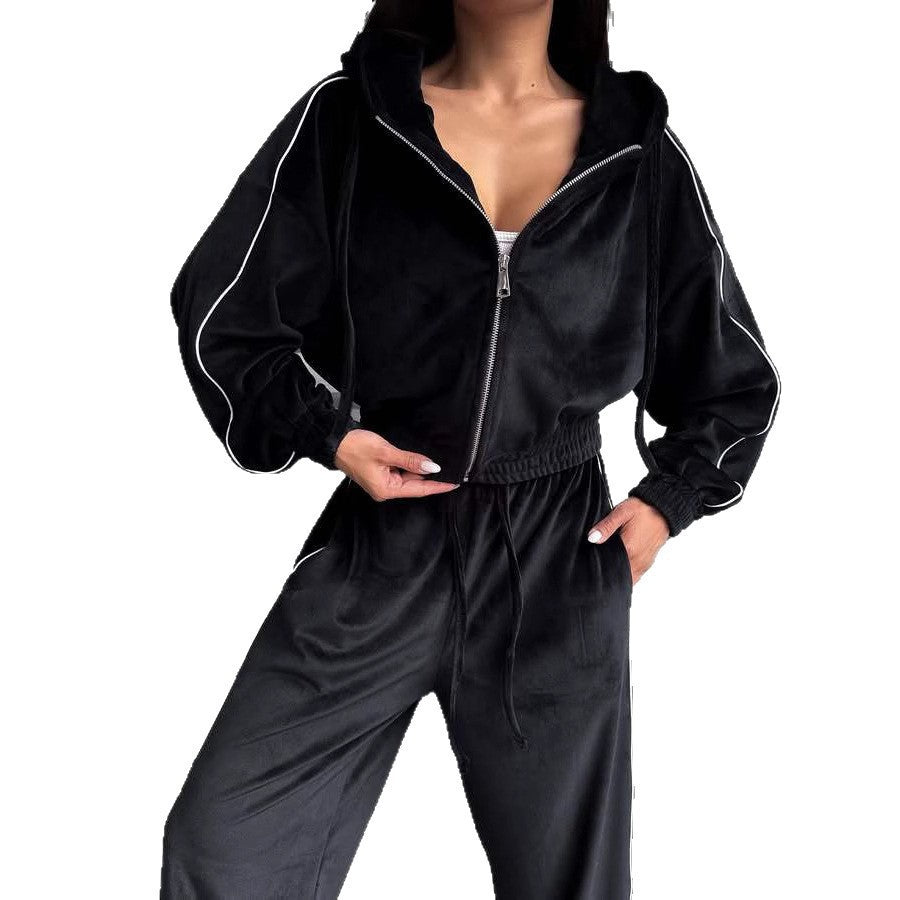 Damen Samt-Lounge-Set mit verkürzter Zip-Hoodie und weitem High-Waist Jogger Shop Nory