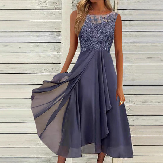 Damen nan ärmelloses Chiffon-Midikleid mit bestickter Illusionsspitze, Schiff-Ausschnitt und mehrlagigem Schwingrock