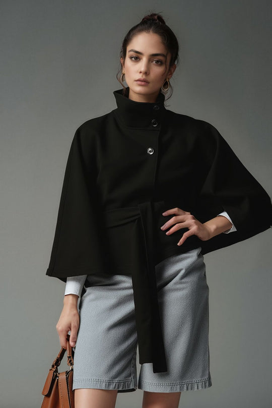 Damen nan kastiges Kurzcape Mantel mit Stehkragen und Bindegürtel Shop Nory