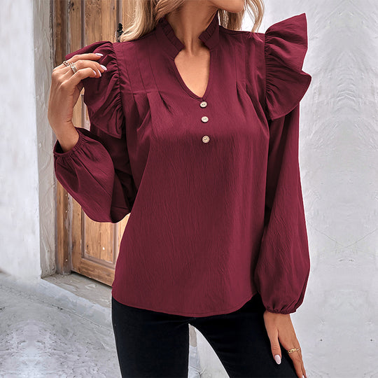 Damen Romantische Rüschenbluse mit Stehkragen, V‑Ausschnitt und Ballonärmeln Shop Nory