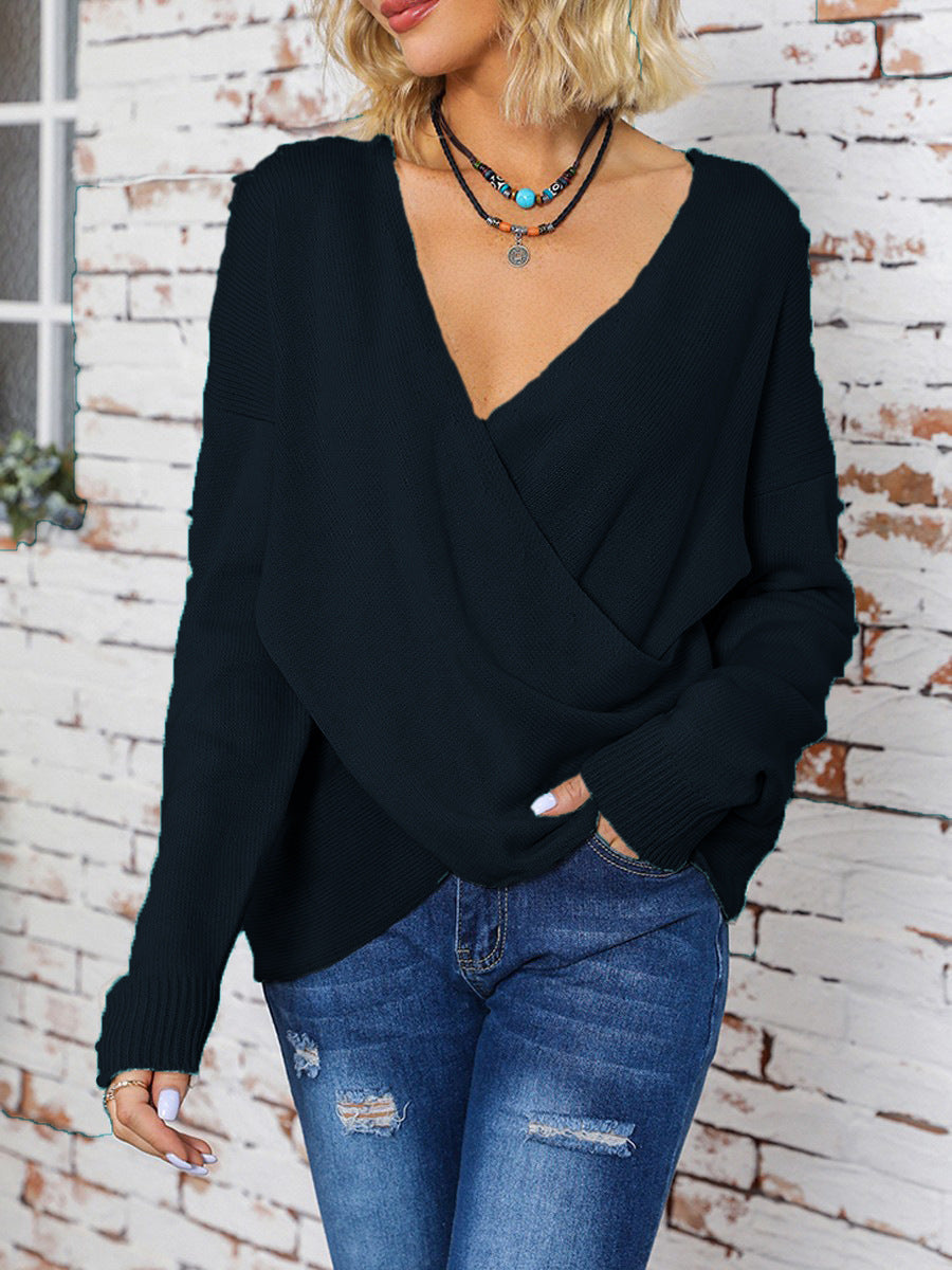 Damen Wickel-Strickpullover mit tiefem V-Ausschnitt und überschnittenen Ärmeln Shop Nory