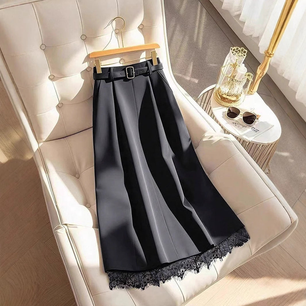 Damen Midirock mit Plisseefalten, hoher Taille, Taillengürtel und Spitzenbesatz Shop Nory