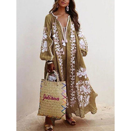 Damen Besticktes Boho-Maxikleid mit Ballonärmeln und Quastenverschluss Shop Nory