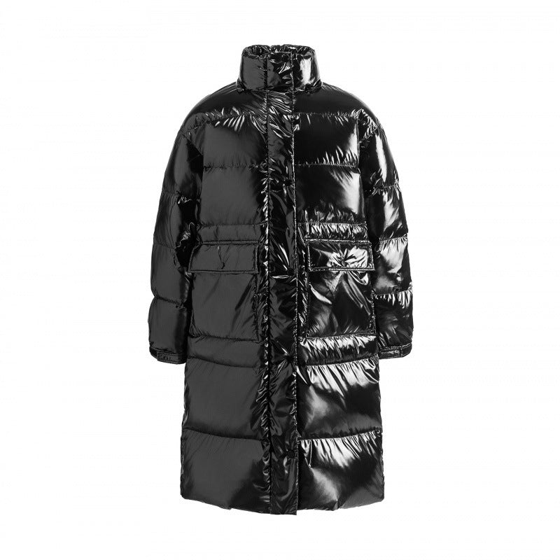 Damen langer glänzender gesteppter Puffer-Mantel mit Kapuze, Utility-Taschen und Oversize-Silhouette Shop Nory