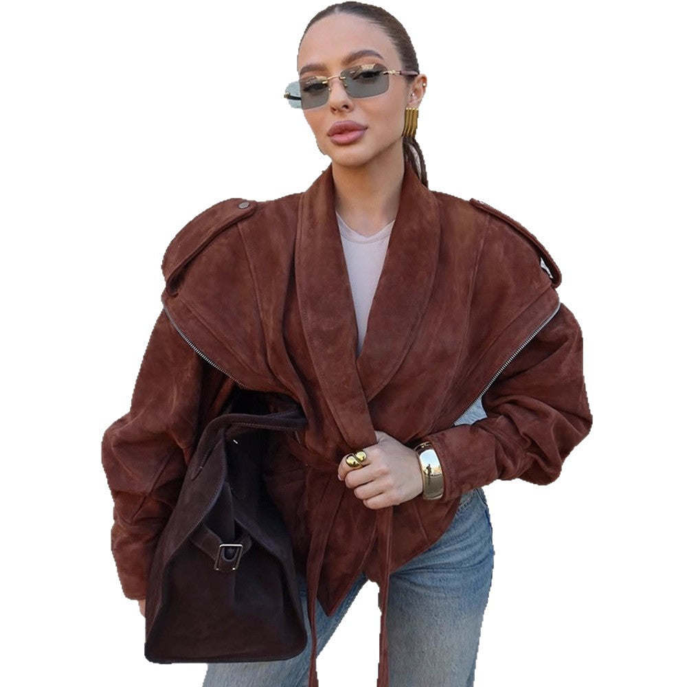 Damen Veloursleder‑Wickeljacke mit breitem Schalkragen und Taillengürtel Shop Nory