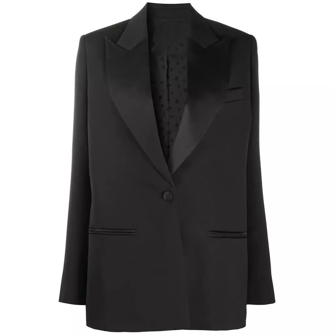 Damen Oversize Einreihiger Longblazer mit Satin-Schalkragen und cleanem Tailoring Shop Nory