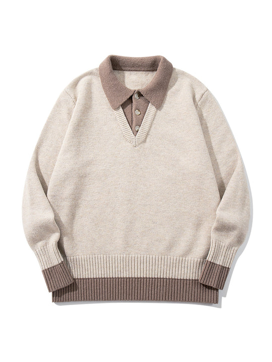 Herren Polokragen-Strickpullover mit Knopfleiste und kontrastierten Bündchen Shop Nory