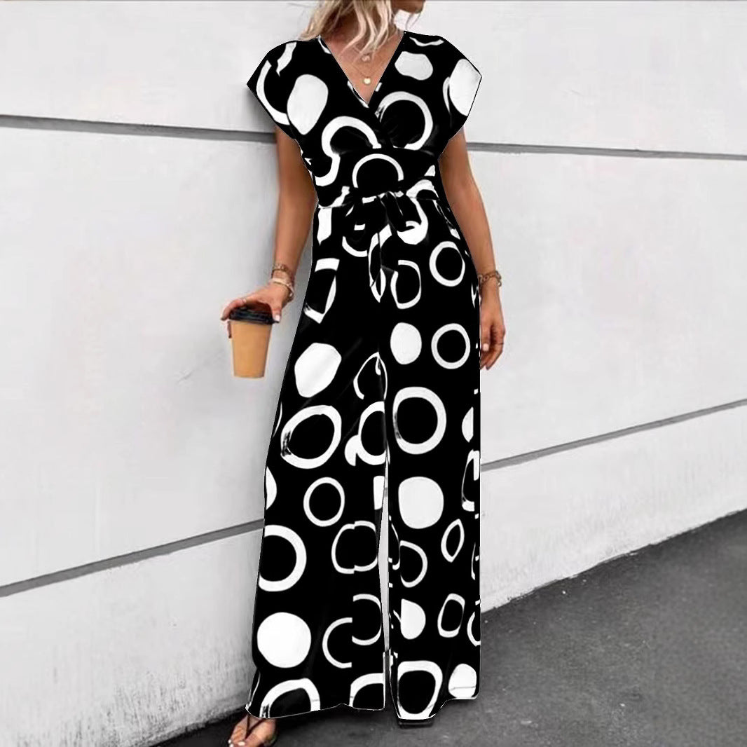 Damen Jumpsuit mit modernem Kreismuster und Taillengürtel