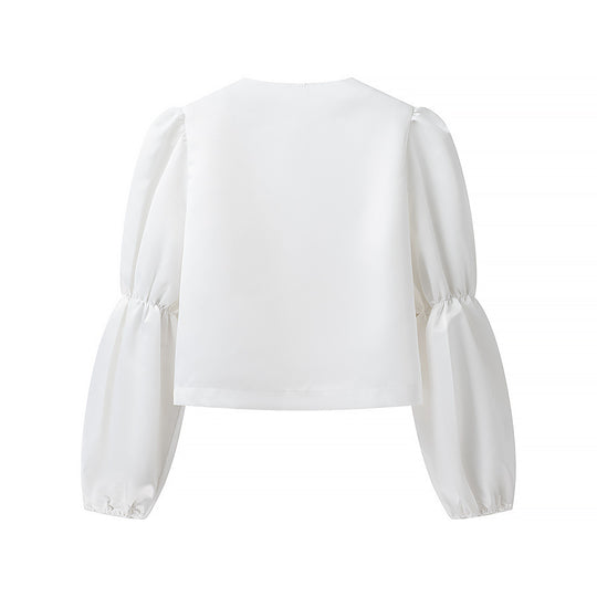 Damen Glänzende Satin‑Bluse mit voluminösen Puffärmeln Shop Nory