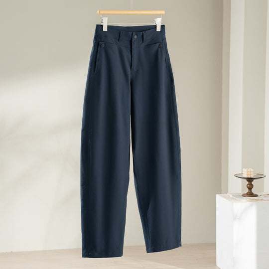 Damen hochtaillierte weite Stoffhose mit geradem Bein, Komfortbund und Eingrifftaschen Shop Nory