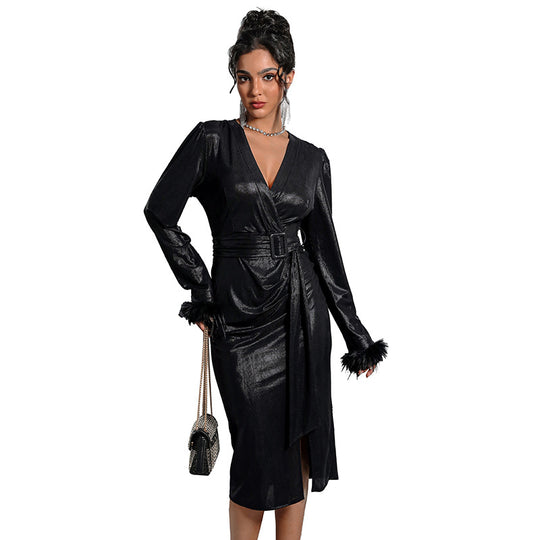 Damen Satin-Wickel-Midikleid mit tailliertem Gürtel und Federbündchen Shop Nory