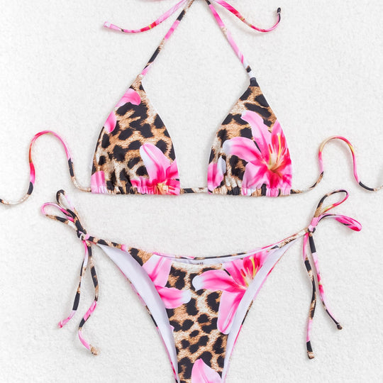 Damen Triangel-Bikini mit floralem Leopardenmuster und verstellbaren BindShopnoryändern