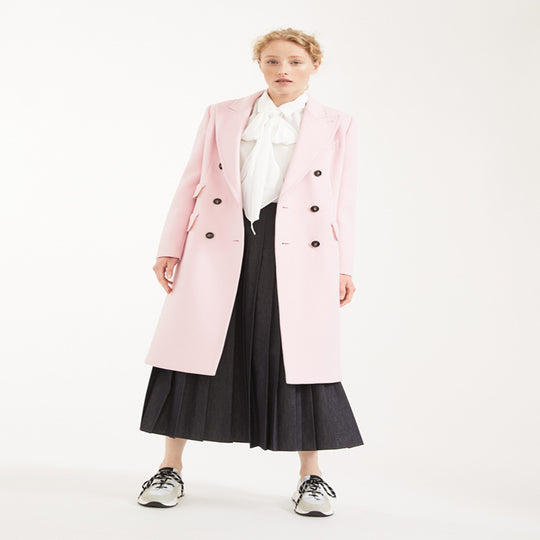 Damen Zweireihiger Midilanger Wollmix-Mantel mit betonter Schulter und kontrastknöpfen Shop Nory