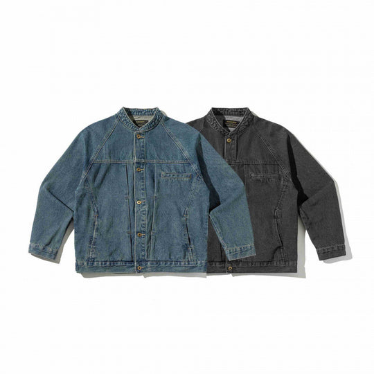 Unisex Boxige Denim‑Hemdjacke im Worker‑Look mit Stehkragen, Raglanärmeln und Brust‑Welttasche Shop Nory
