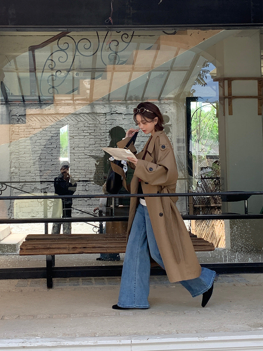 Damen Langer Trenchcoat im Oversize‑Look mit Bindegürtel und Schulterpatten Shop Nory